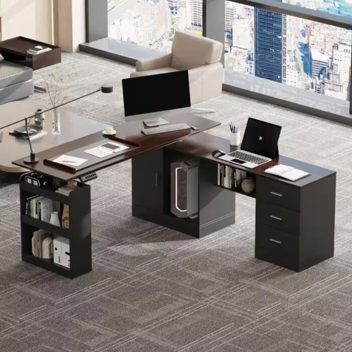 63 in. W L-Shape Black & Wood Grain Wooden 3-Drawer Adjustable Height Computer Desk, Writing Desk with 5-Shelf & 1 Door