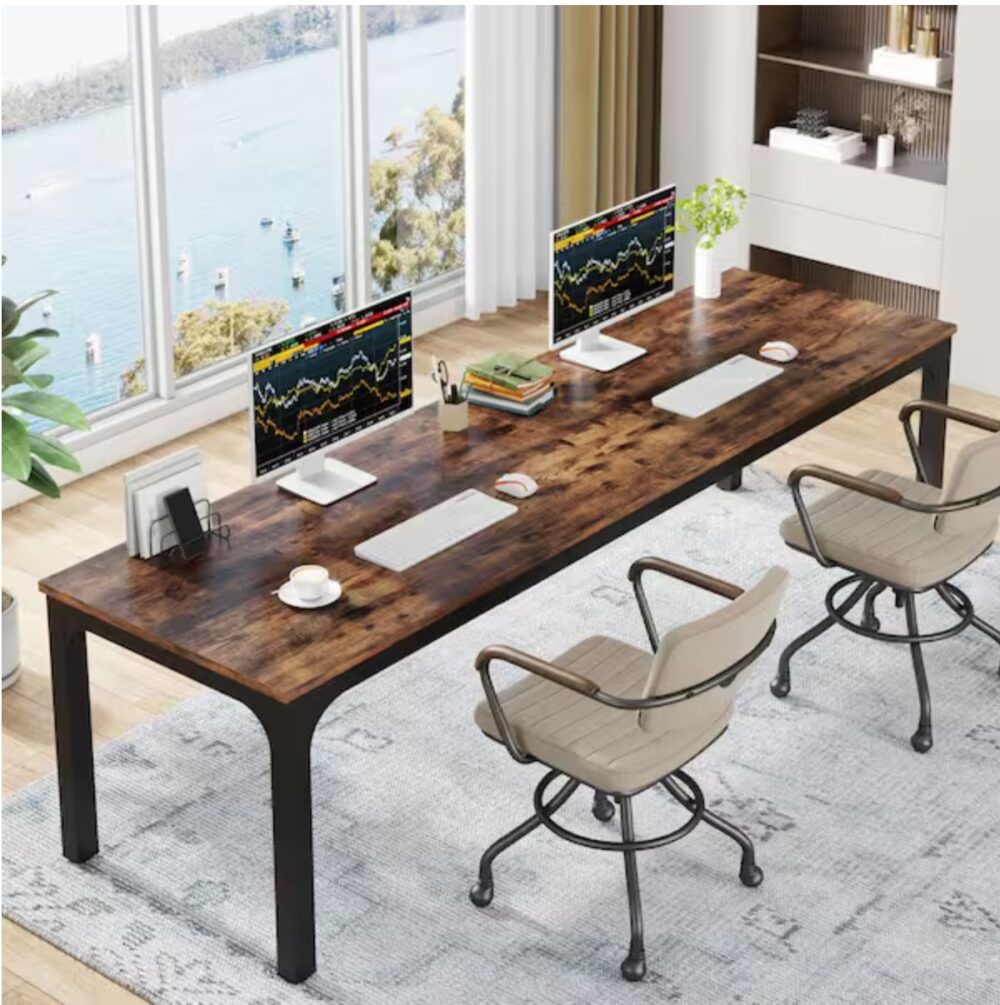 Moronia 78.7 in. Rectangular Rustic Brown Wood 2 Person Computer Desk with Adjustable Foot Pads for Home Office Table