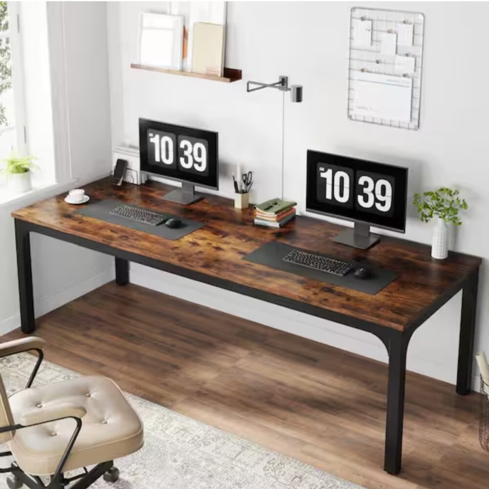 Moronia 78.7 in. Rectangular Rustic Brown Wood 2 Person Computer Desk with Adjustable Foot Pads for Home Office Table - Image 3