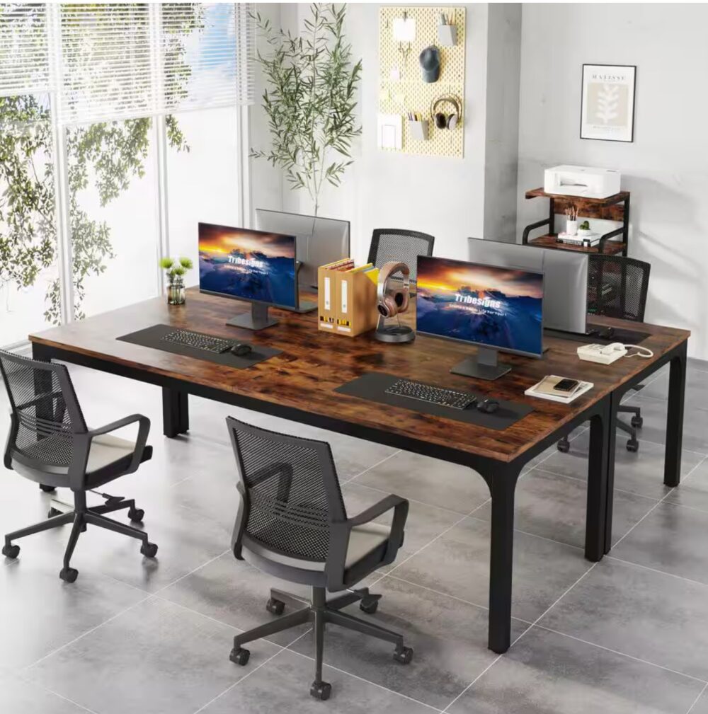 Moronia 78.7 in. Rectangular Rustic Brown Wood 2 Person Computer Desk with Adjustable Foot Pads for Home Office Table - Image 2