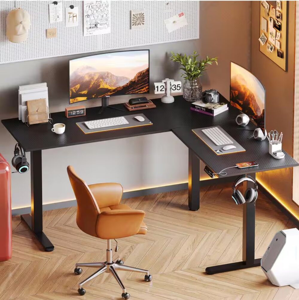 63 in. L-Shaped Black Carbon Fiber Wood Sit to Stand Desk with 3-Height Memory Presets and USB Port, 2 Headphone Hooks