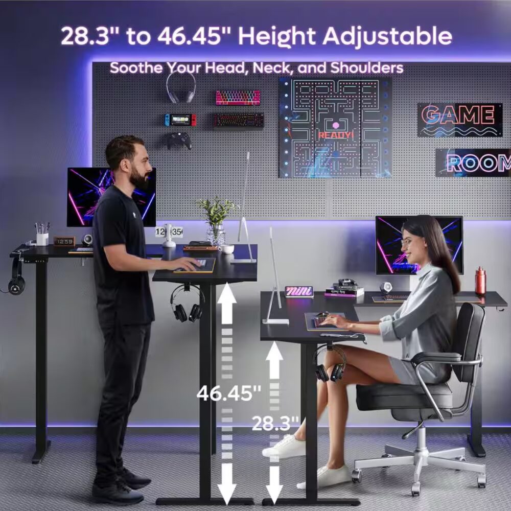 63 in. L-Shaped Black Carbon Fiber Wood Sit to Stand Desk with 3-Height Memory Presets and USB Port, 2 Headphone Hooks - Image 2