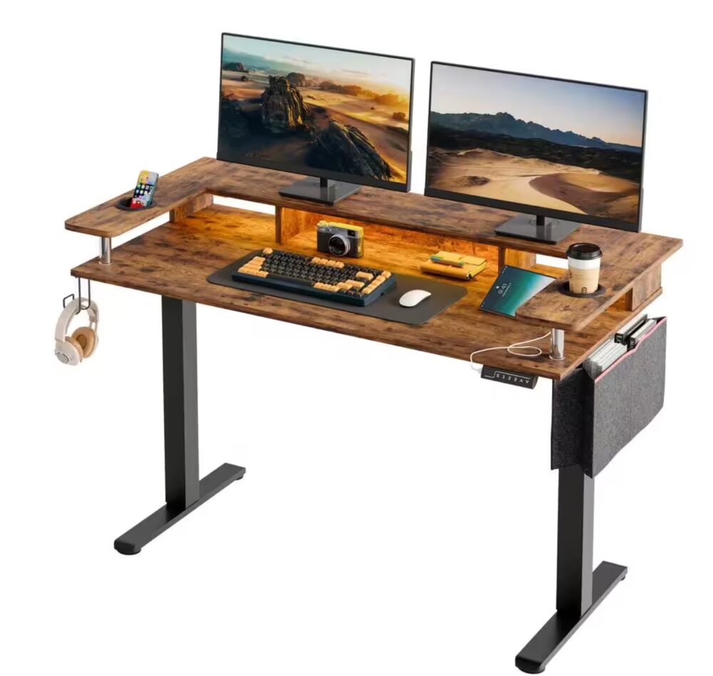 58 in. Rectangular Rustic Brown Wood Sit to Stand Desk with Monitor Stand and Cup Holder - Image 3