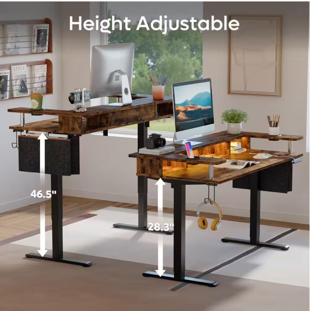 58 in. Rectangular Rustic Brown Wood Sit to Stand Desk with Monitor Stand and Cup Holder - Image 2