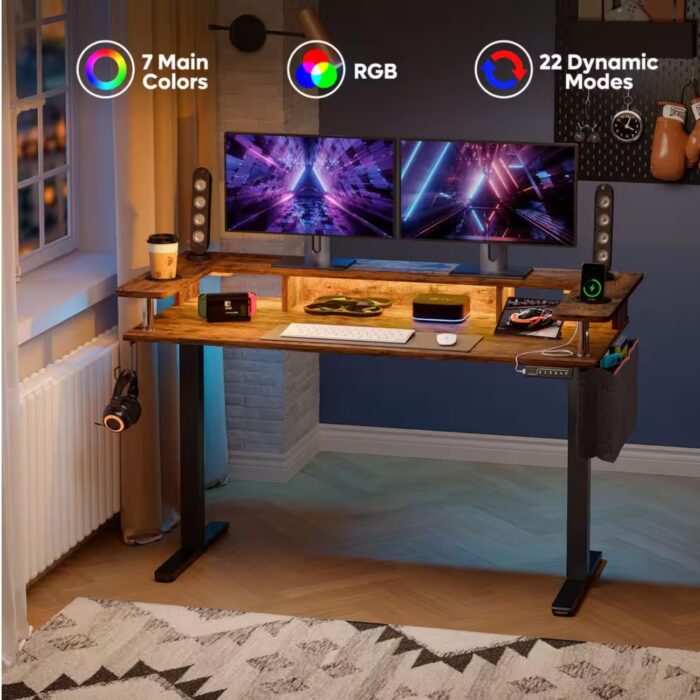 58 in. Rectangular Rustic Brown Wood Sit to Stand Desk with Monitor Stand and Cup Holder