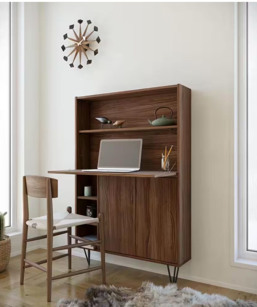 Slim 35.75 in. Walnut Rectangular Secretary Desk with Drown-Down Work Surface and Adjustable Shelves