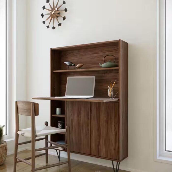 Slim 35.75 in. Walnut Rectangular Secretary Desk with Drown-Down Work Surface and Adjustable Shelves